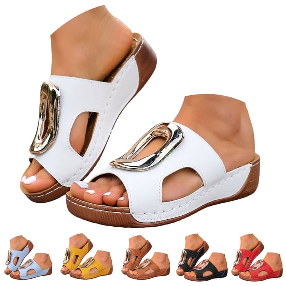 Pandaie Womens Low Heels Wedge Sandals Comfortable Dressy Walking Casual Slip on Slides Arch Support Orthopedic Summer Shoes with Metal Cutout Black 6