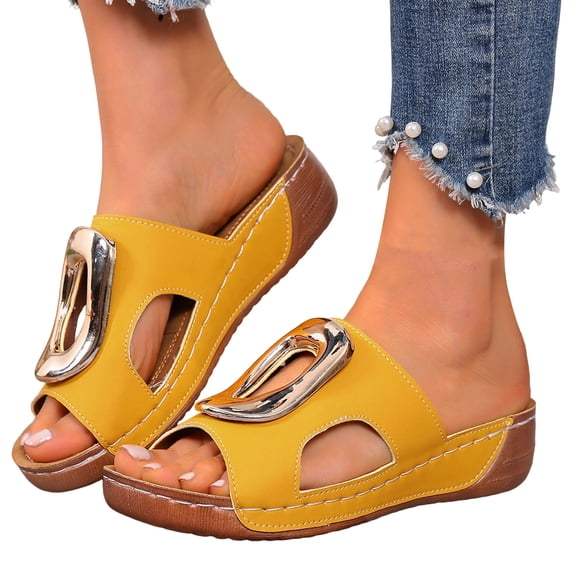 Pandaie Womens Low Heels Wedge Sandals Comfortable Dressy Walking Casual Slip on Slides Arch Support Orthopedic Summer Shoes with Metal Cutout Yellow 9