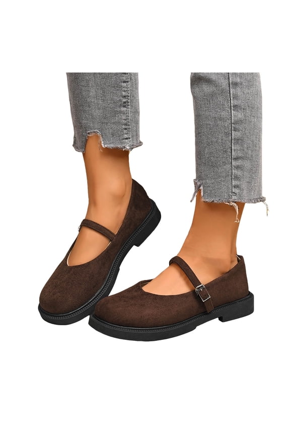 Womens Mary Jane Flats with Strap Suede Round Toe Casual Slip on Flat Shoes Comfortable Office Business Work Walking Loafers Brown 6