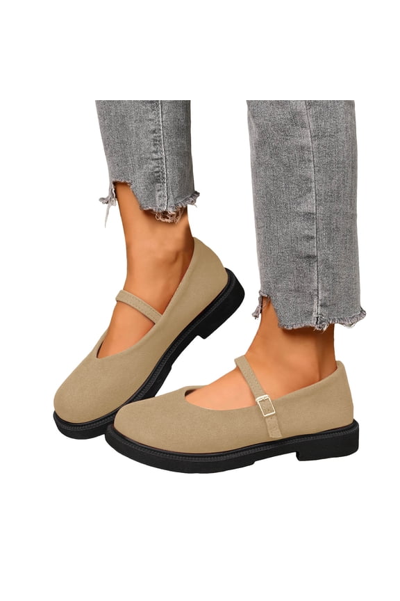 Womens Mary Jane Flats with Strap Suede Round Toe Casual Slip on Flat Shoes Comfortable Office Business Work Walking Loafers Khaki 9