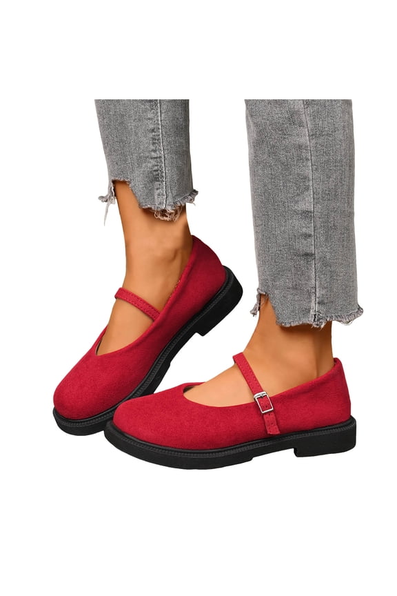 Womens Mary Jane Flats with Strap Suede Round Toe Casual Slip on Flat Shoes Comfortable Office Business Work Walking Loafers Red 8