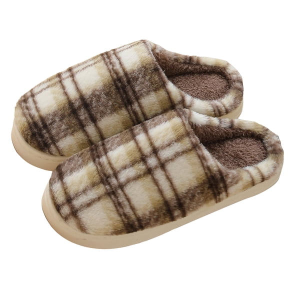 Pandaie Womens Mens House Slippers Memory Foam Scuff Slip on Shoes Checkered Plaid Indoor Outdoor Fuzzy Plush Slides Coffee 9