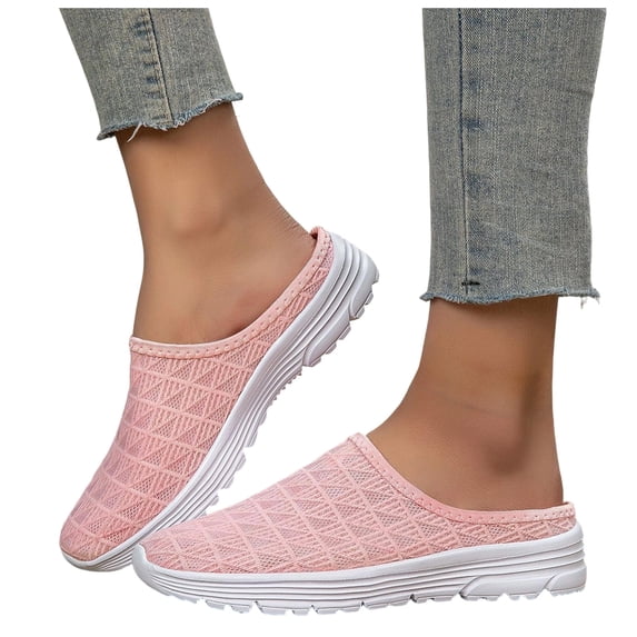 Pandaie Womens Mesh Walking Mules Sneakers Knit Breathable Open Back Slip On Shoes Orthopedic Tennis Backless Slippers with Arch Support (Pink,8)