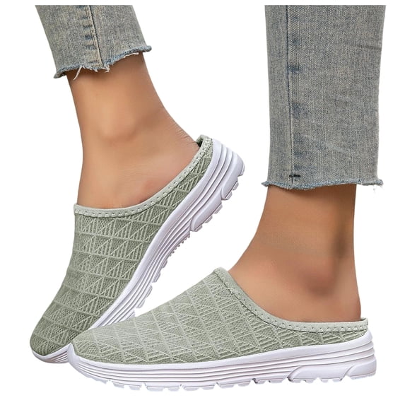 Pandaie Womens Mesh Walking Mules Sneakers Knit Breathable Open Back Slip On Shoes Orthopedic Tennis Backless Slippers with Arch Support (Light Green,7)