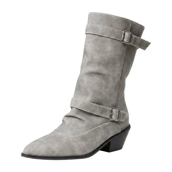 Pandaie Womens Mid Calf Boots Double Buckle Straps Slouchy Pull on Biker Booties Pointed Toe Chunky Low Heel Faux Suede Boots Grey 6.5