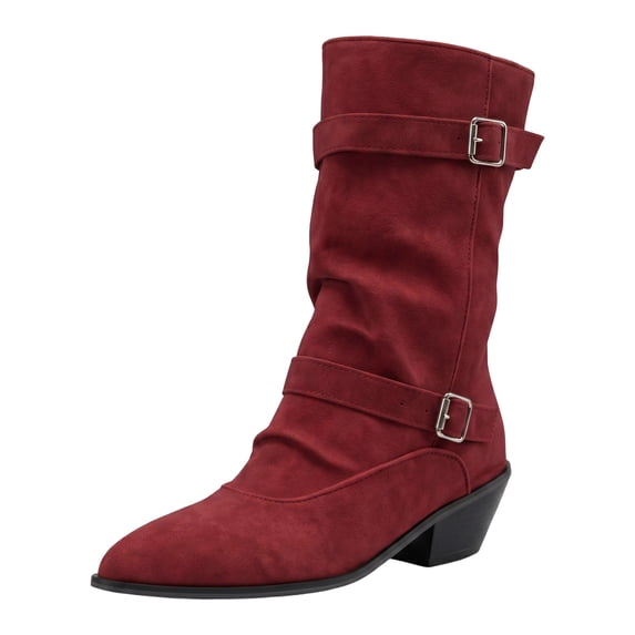 Pandaie Womens Mid Calf Boots Double Buckle Straps Slouchy Pull on Biker Booties Pointed Toe Chunky Low Heel Faux Suede Boots Red 6