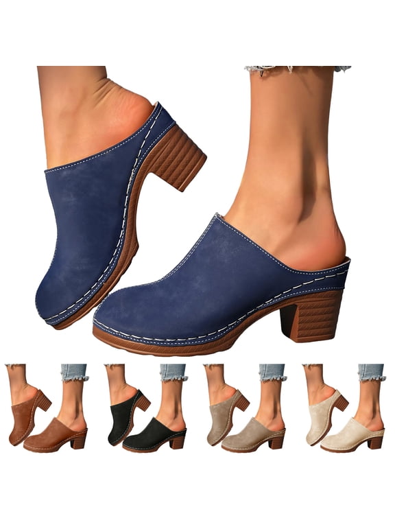 Womens Mules Pumps Closed Round Toe Heeled Slip on Clogs 1.77 Inch Ladies Dressy Summer Slides Sandals Casual Backless Loafers Shoes Beige Size 6