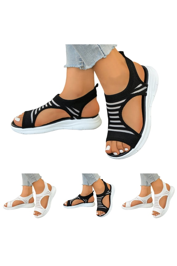 Womens Orthopedic Walking Sandals Arch Support Comfortable Slip on Athletic Sport Sneakers Open Toe Breathable Knit Summer Shoes Black Size 10.5