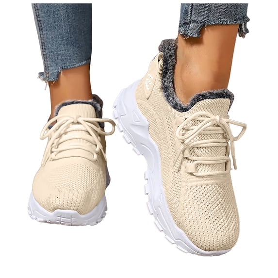 Pandaie Womens Orthopedic Walking Shoes Plantar Fasciitis Breathable Slip on Sneakers Comfortable Fleece Lined Casual Winter Running Shoes Beige Size 6