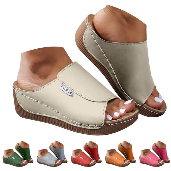 Pandaie Womens Orthopedic Wedge Sandals Leather Dressy Summer Slip on Slides Arch Support Open Toe Walking Slippers for Beach Vacation Beige 6