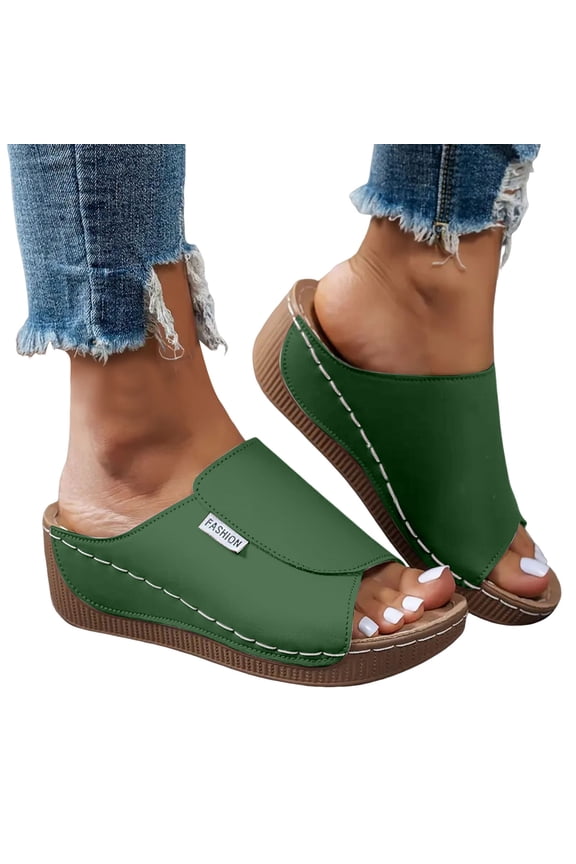 Womens Orthopedic Wedge Sandals Leather Dressy Summer Slip on Slides Arch Support Open Toe Walking Slippers for Beach Vacation Green 9