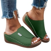 Pandaie Womens Orthopedic Wedge Sandals Leather Dressy Summer Slip on Slides Arch Support Open Toe Walking Slippers for Beach Vacation Green 9