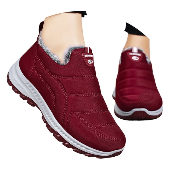 Pandaie Womens Orthopedic Winter Boots Slip on Arch Support Comfortable Shoes Non Slip Waterproof Warm Fuzzy Ankle Booties Lightweight Outdoor Walking Shoes Red 9.5