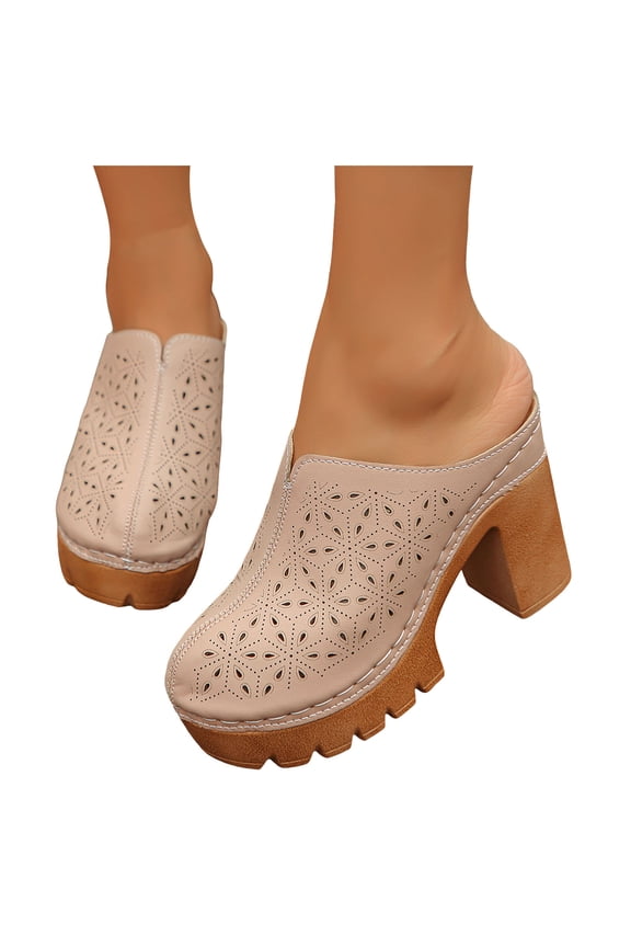 Womens Platform Clogs Chunky High Heeled Closed Toe Sandals Flower Cutout Slip on Slides Backless Mules Casual Shoes Beige,9.5
