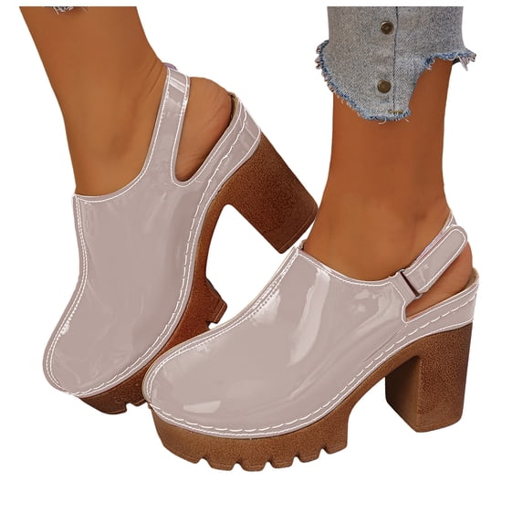 Pandaie Womens Platform Clogs Chunky High Heeled Mules Sandals Round Toe Slip on Slides Wide Width Comfortable Casual Pumps Shoes Beige Size 7.5