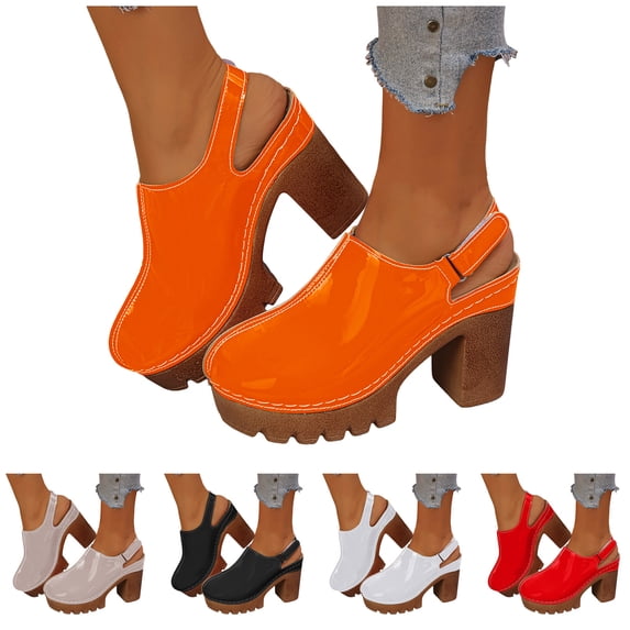 Pandaie Womens Platform Clogs Chunky High Heeled Mules Sandals Round Toe Slip on Slides Wide Width Comfortable Casual Pumps Shoes Orange Size 6