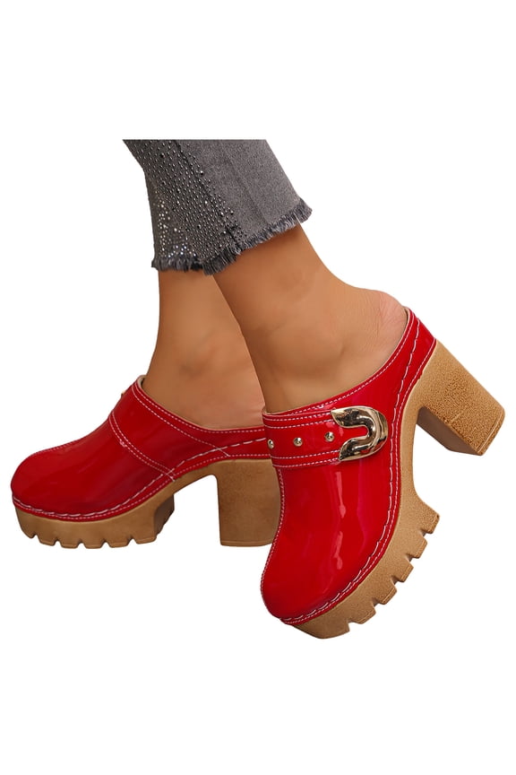 Womens Platform Clogs Mules Chunky High Heeled Sandals Closed Round Toe Slip on Slides Leather Backless Summer Walking Dress Shoes Red Size 7.5