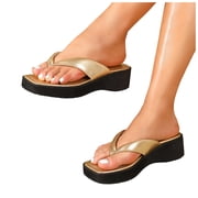Pandaie Womens Platform Flip Flops with Arch Support Open Square Toe Slides Flat Sandals Thong Summer Beach Vacation Shoes Gold 9