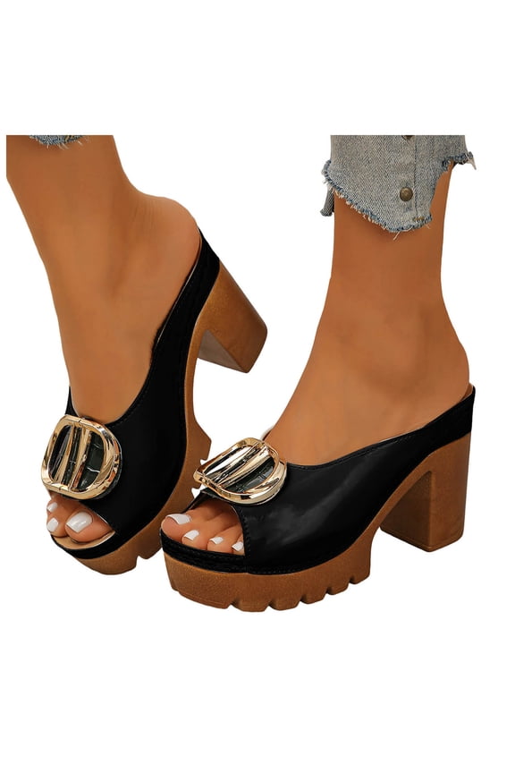 Womens Platform High Heels Peep Toe Metal Decor Slip on Chunky Heeled Sandals Backless Dressy Summer Walking Slides (Black,8.5)