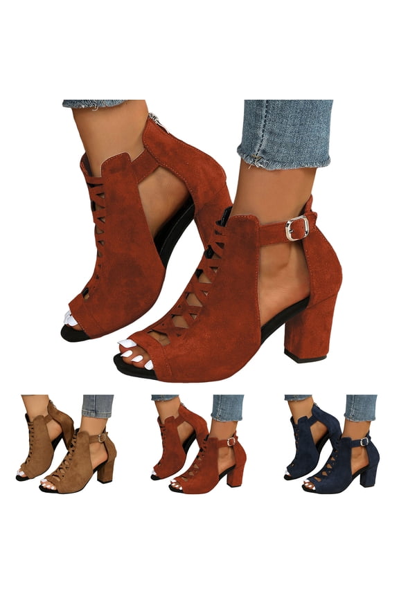 Womens Platform Open Toe Sandals with Back Zipper Summer Ankle Strap Hollow out Booties Suede Cutout Dress Pumps Shoes Size 6-10 Brick Red