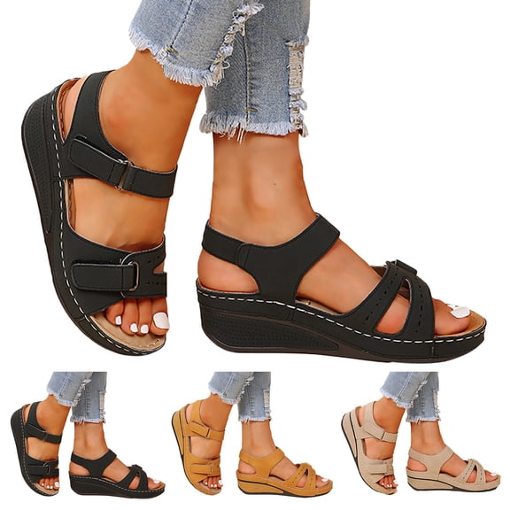 Pandaie Womens Platform Sandals 2026 Comfortable Wedge Walking Shoes Open Toe Arch Support Casual Dressy Slip on Sandal Black Size 6.5
