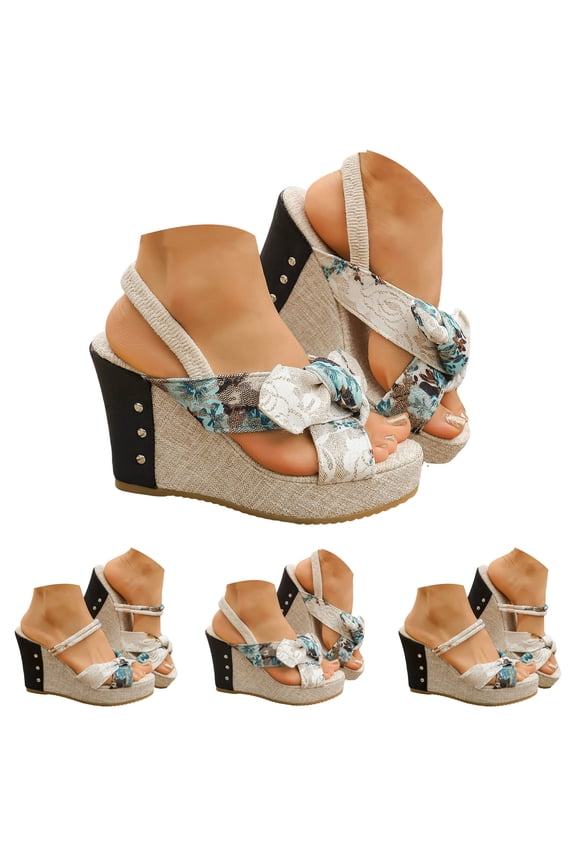 Womens Platform Sandals Bow Flower Wedges High Heels Espadrille Slip on Slingback Summer Dress Pumps Shoes for Wedding Party Prom Size 6-10 Beige