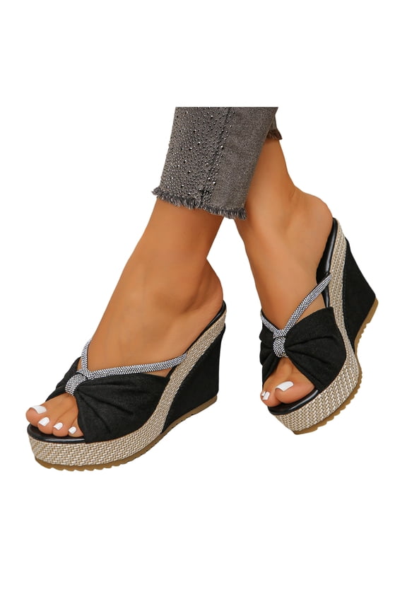 Womens Platform Slides Sandals Rhinestone Summer Dressy Beach Vacation Slip on Sandal High Wedges Espadrille Shoes 3.82 Inch Black 7