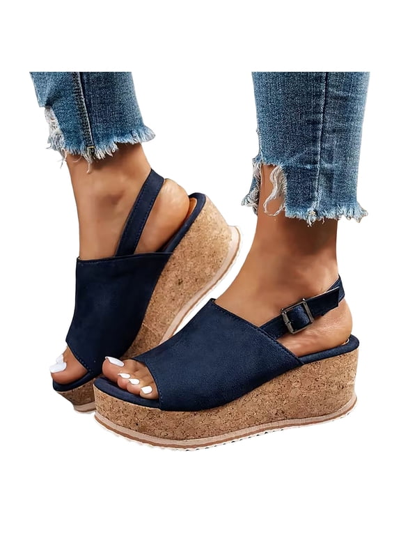 Womens Platform Wedge Sandals Leopard Cork Footbed Slingback Slip on Slides Open Toe Suede Summer Dressy Walking Shoes Dark Blue Size 7