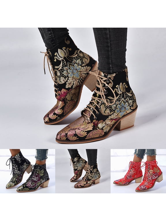 Womens Retro Ethnic Ankle Booties Floral Embroidered Cowboy Boots Pointed Toe Chunky Block Heel Combat Boots Lace up Dress Short Booties Black 6.5