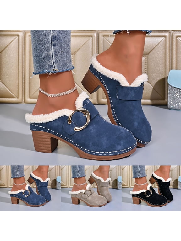 Womens Retro Suede Clog Mule Block Heel Fleece Lined Ankle Boots Backless Slip on House Slipper Size 6-9.5