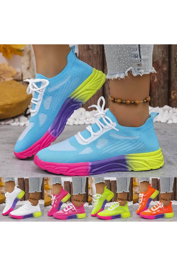 Womens Running Shoes Color Block Fashion Sneakers Knitting Lace Up Workout Casual Sports Mesh Walking Shoes (Blue,9)