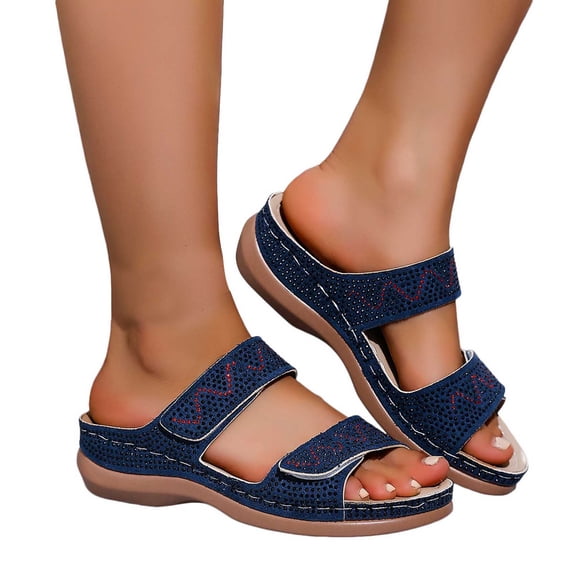 Pandaie Womens Sandals Rhinestone Orthopedic Summer Wedge Slides with Arch Support Ladies Sparkly Bohemian Casual Walking Shoes with Hook and Loop Navy Size 7