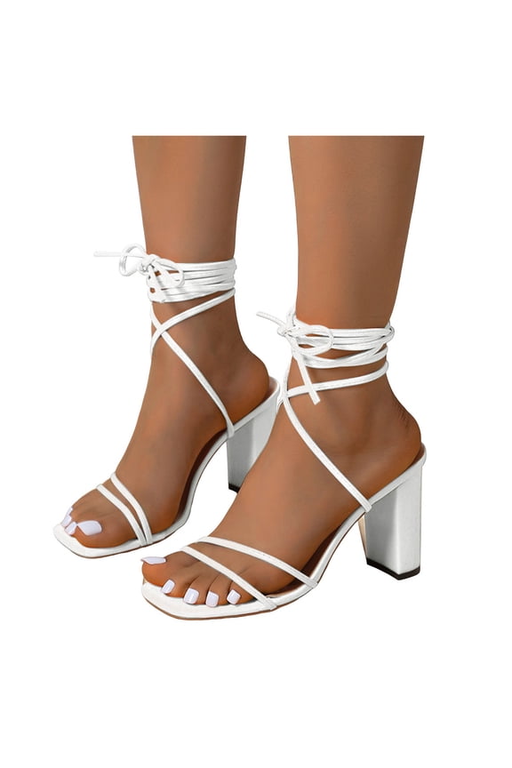Womens Sandals Square Open Toe Strappy Heels Tie Up High Heeled Wedding Party Dress Shoes for Prom Bridal Daily Wear White,9