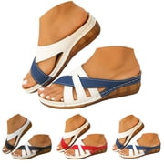 Pandaie Womens Slides Sandals with Plantar Fasciitis Arch Support Fashion Leather Comfortable Orthopedic Wedge Walking Shoes Black Size 9