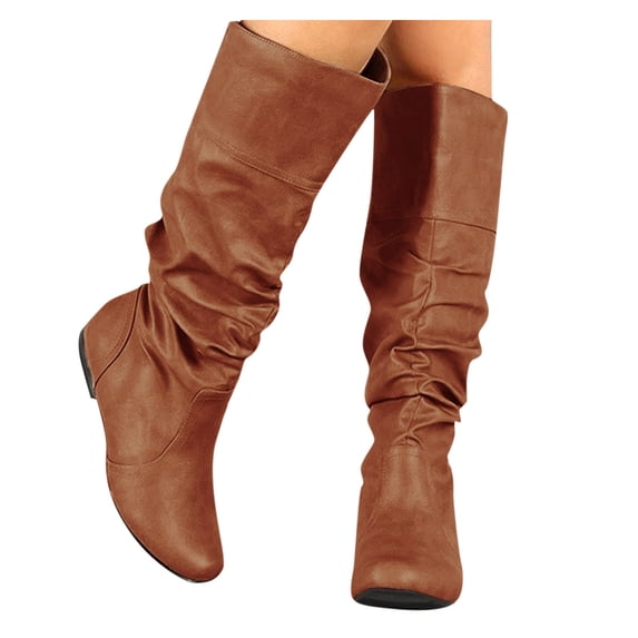 Pandaie Womens Slouchy Mid Calf Boots Low Heel Pull on Casual Boots Faux Leather Fall Winter Boot Brown 7.5