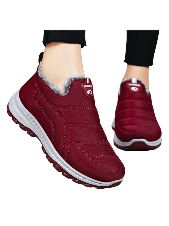 Womens Snow Boots Furry Lined Winter Warm Slip on Booties Waterproof Outdoor Walking Hiking Shoes Red 7