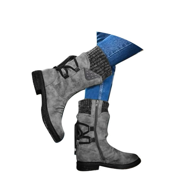 Pandaie Womens Snow Boots Winter Warm Lace up Boot Western Platform Cowboy Boot Non Slip Outdoor Mid Calf Hiking Booties Motorcycle Biker Shoes Grey 7.5