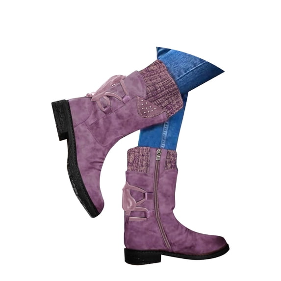 Pandaie Womens Snow Boots Winter Warm Lace up Boot Western Platform Cowboy Boot Non Slip Outdoor Mid Calf Hiking Booties Motorcycle Biker Shoes Purple 7