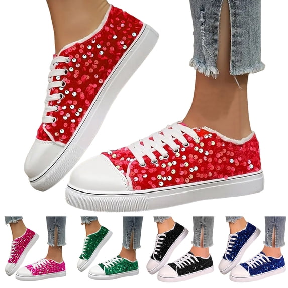 Pandaie Womens Sparkly Sneakers Glitter Shiny Sequin Tennis Walking Running Shoes Wedding Concert Comfortable Lace Up Platform Sneaker Black Size 6.5