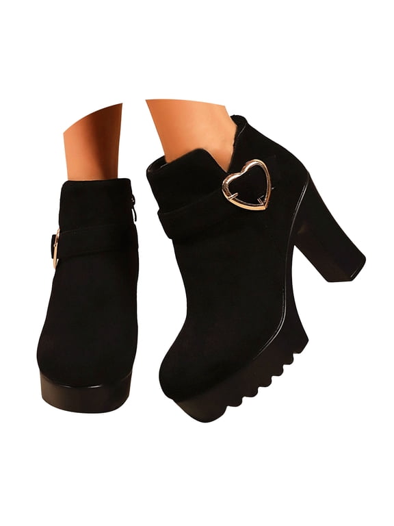 Womens Suede Ankle Boots Heart Buckle Strap Side Zipper Chunky Heel Non Slip Sole Casual Short Booties Size 4-12