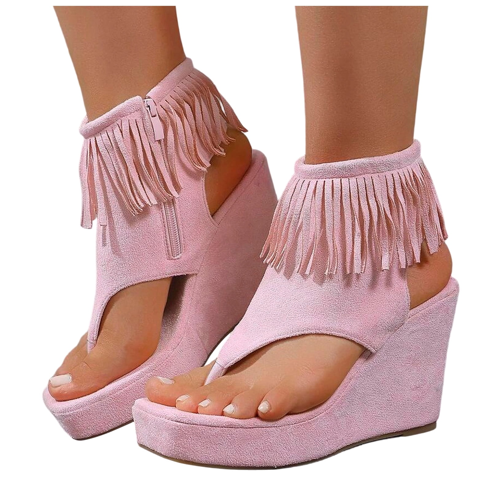Pandaie Womens Suede Thong Sandals Ankle Tassel Slingback Platform