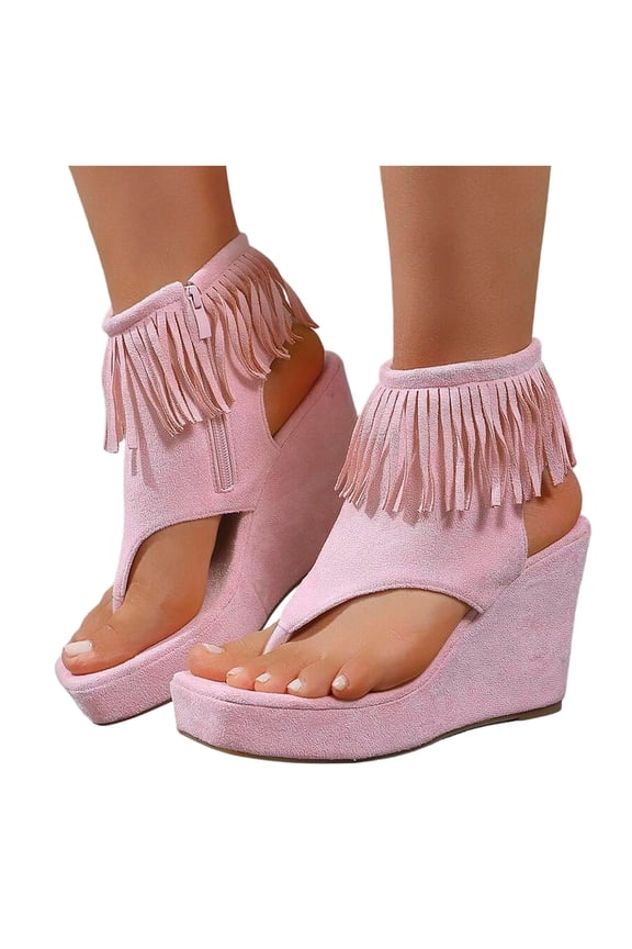 Womens Suede Thong Sandals Ankle Tassel Slingback Platform Wedge Flip Flops Fringe Summer Ankle Boots with Side Zipper (Pink,8.5)