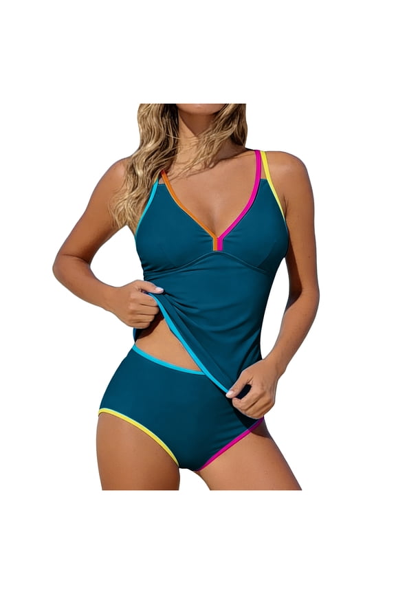 Womens Tankini Bathing Suits High Waisted Tummy Control Two Piece Swimsuits Color Block Cross Back Strap Swim Top with Bottom Green,2XL