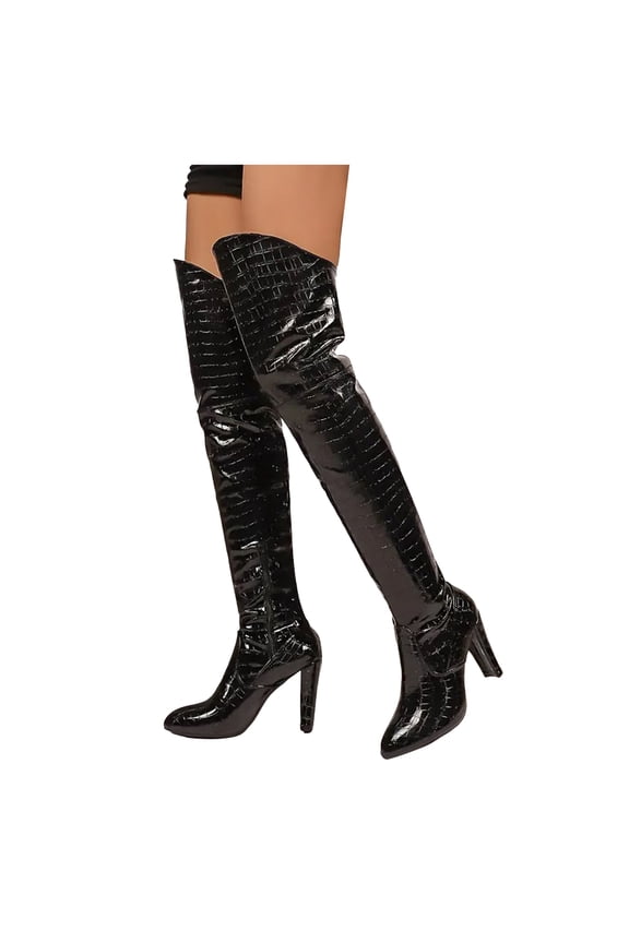 Womens Thigh High Boots Chunky High Heel Over the Knee Long Boots Ponited Toe Leather Sexy Fall Boot for Date Party Club Black 8.5