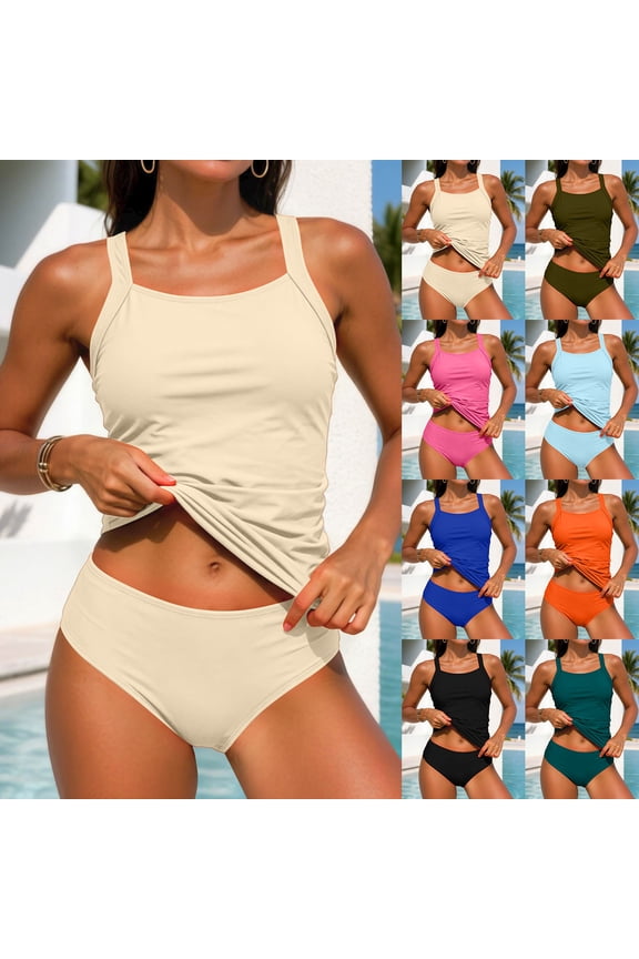 Womens Two Piece Tankini Swimsuits Modest Tummy Control Swim Suits 2026 Solid Color Full Coverage Bathing Suit AG,L