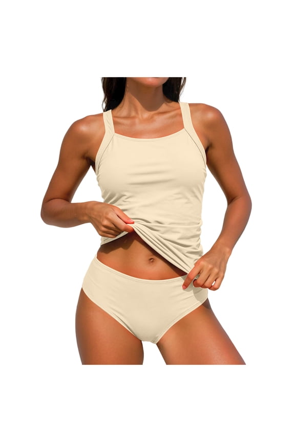 Womens Two Piece Tankini Swimsuits Modest Tummy Control Swim Suits 2026 Solid Color Full Coverage Bathing Suit Beige,L