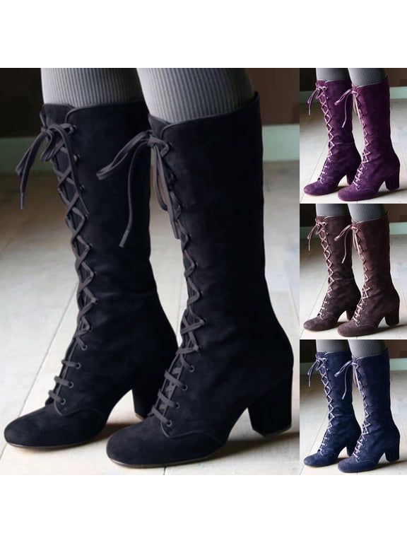 Womens Victorian Boots Lace up Mid Calf Boots Block Heel Witch Granny Booties Retro Almond Toe Shoes for Halloween Costume Cosplay Dance Party Club Black 6.5