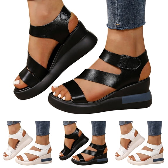 Pandaie Womens Waterproof Platform Sandals Strappy Open Toe Wedges Walking Summers Shoes Comfortable Slip on 2.95 Inch High Heels Black 6.5