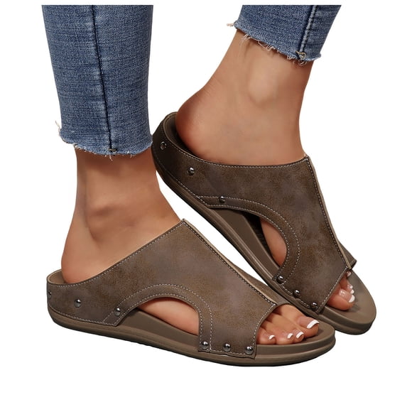 Pandaie Womens Wedge Sandals Cork Beach Slip on Slides Comfortable Hollow out Casual Slippers Arch Support Summer Walking Shoes Size 6-10 Coffee
