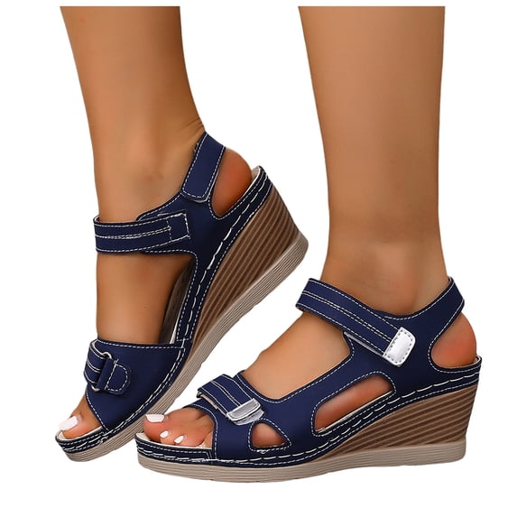 Pandaie Womens Wedge Sandals Platform Summer Beach Walking Shoes Arch Support Work Casual Slip on Sandal with Adjustable Hook and Loops Navy 9.5